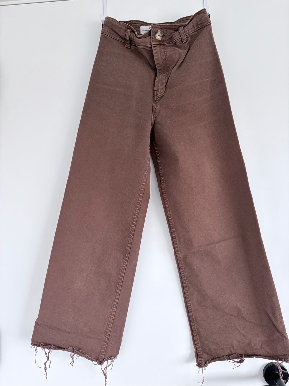 Stradivarius Brown Wide-Leg Raw Frayed Jeans